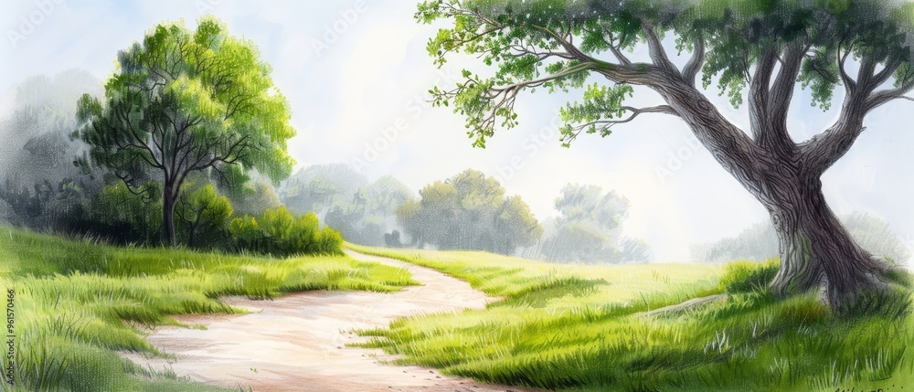Naklejka premium A painting of a dirt road in a grassy field One side holds a solitary tree, while the other, a dirt path