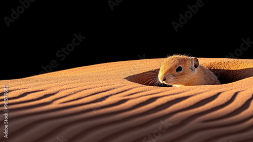 A small fluffy gerbil peeks out of a burrow in the rippled desert sand, illuminated by soft light, with a stark black background highlighting its silhouette. photo