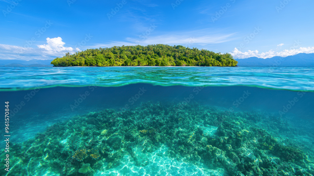 Naklejka premium A split-view of a tropical island with clear turquoise waters revealing coral reefs, lush forests, and a bright blue sky.