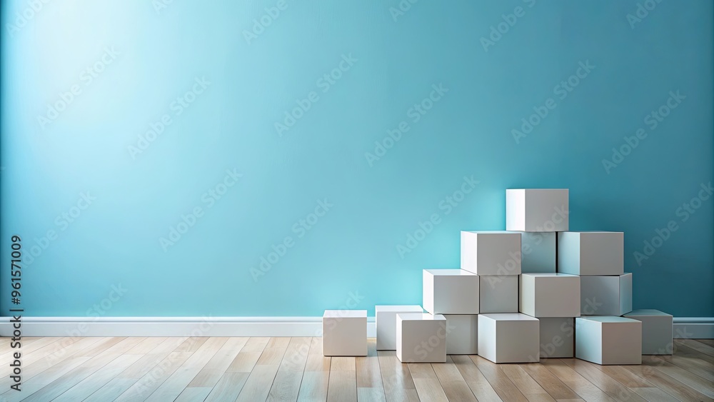 Collection of cubes on light blue floor facing blue wall Collection of cubes on light blue floor facing blue wall