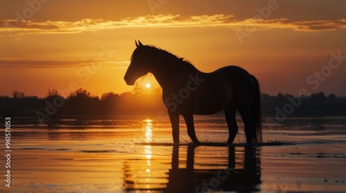 Silhouette of a horse on lake shore at sunset