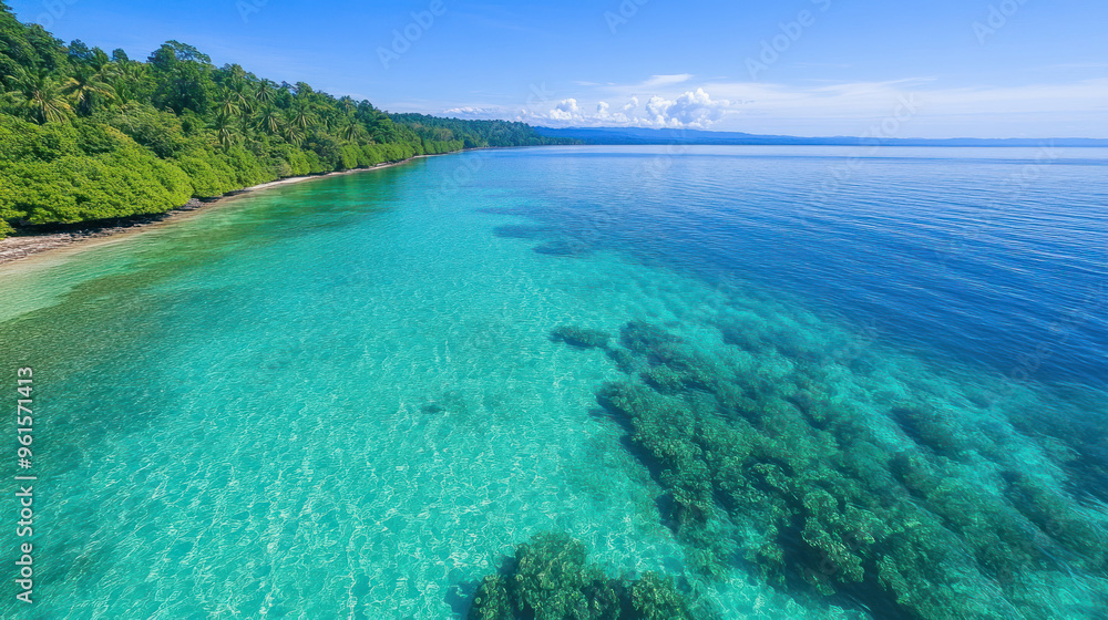 Obraz premium An aerial view shows clear turquoise waters along a tropical coastline bordered by a dense green forest.