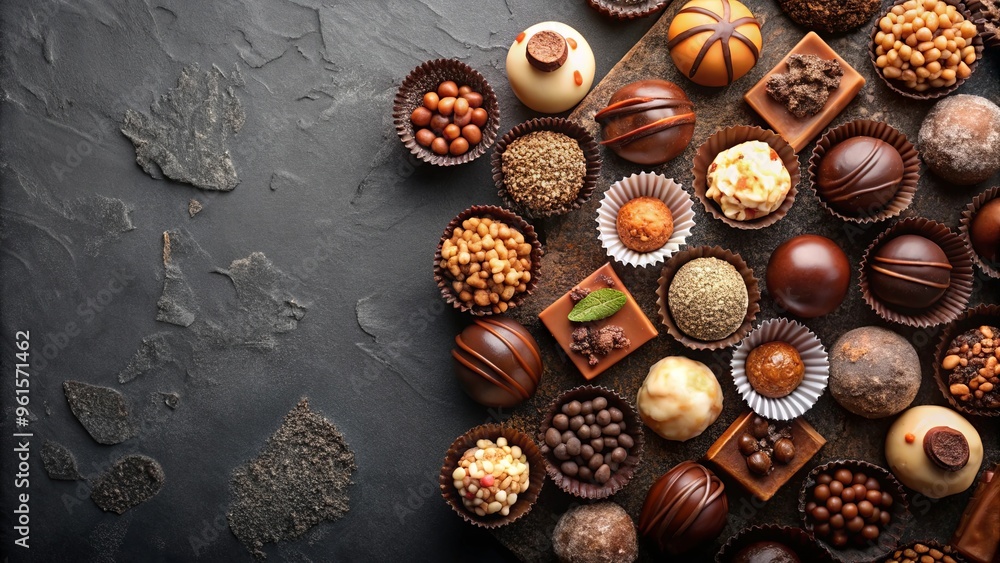 Assortment of fine chocolates with nut toppings on dark background, a sensory delight