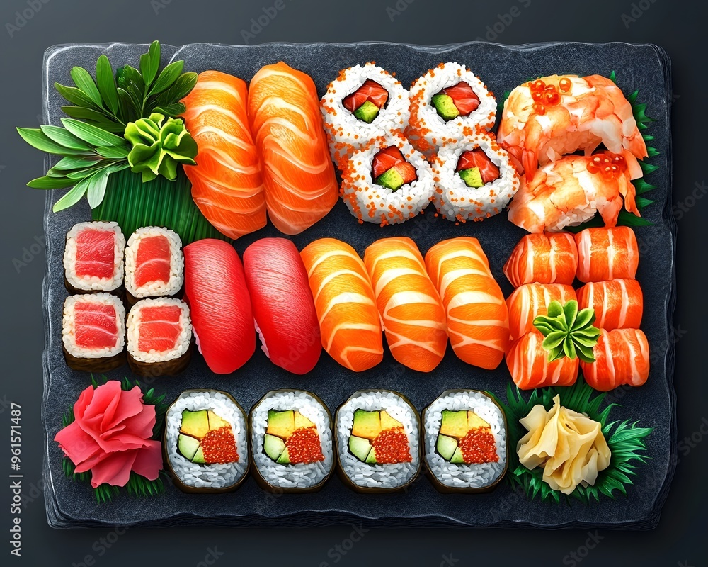 Sushi Plate with Salmon, Tuna, and Shrimp Illustration Sushi Plate with Salmon, Tuna, and Shrimp Illustration