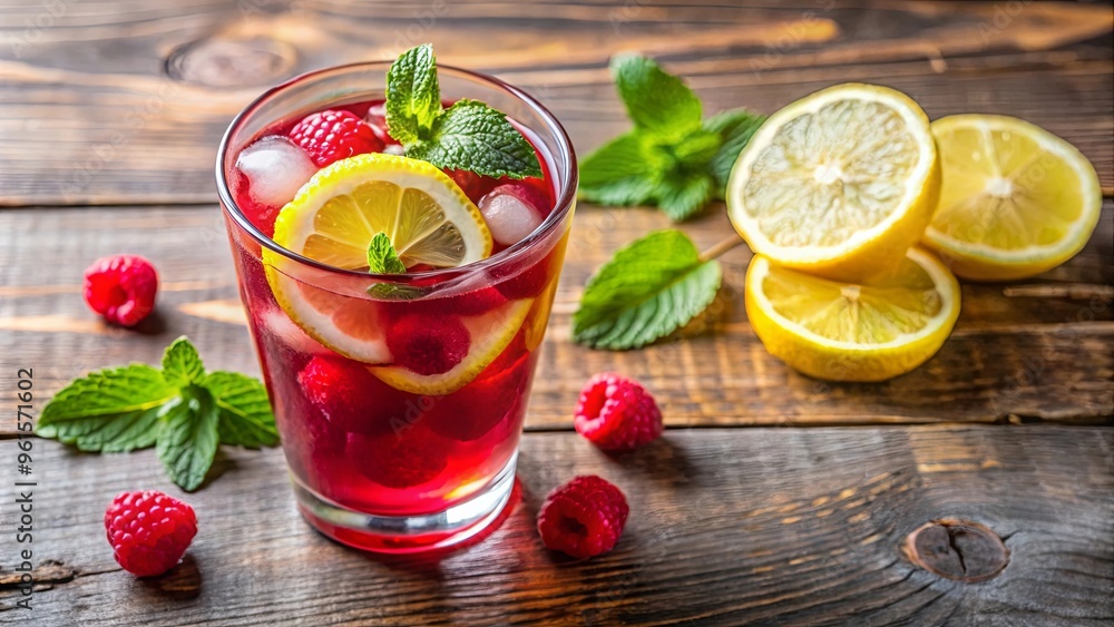 Fresh and colorful glass of raspberry lemonade with mint leaves and lemon slices, topped with a lemon slice Fresh and colorful glass of raspberry lemonade with mint leaves and lemon slices, topped with a lemon slice