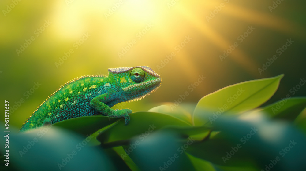 Fototapeta premium A vibrant green chameleon perched on a leaf, illuminated by the soft rays of sunlight during dawn, creating a peaceful and warm atmosphere in the forest.