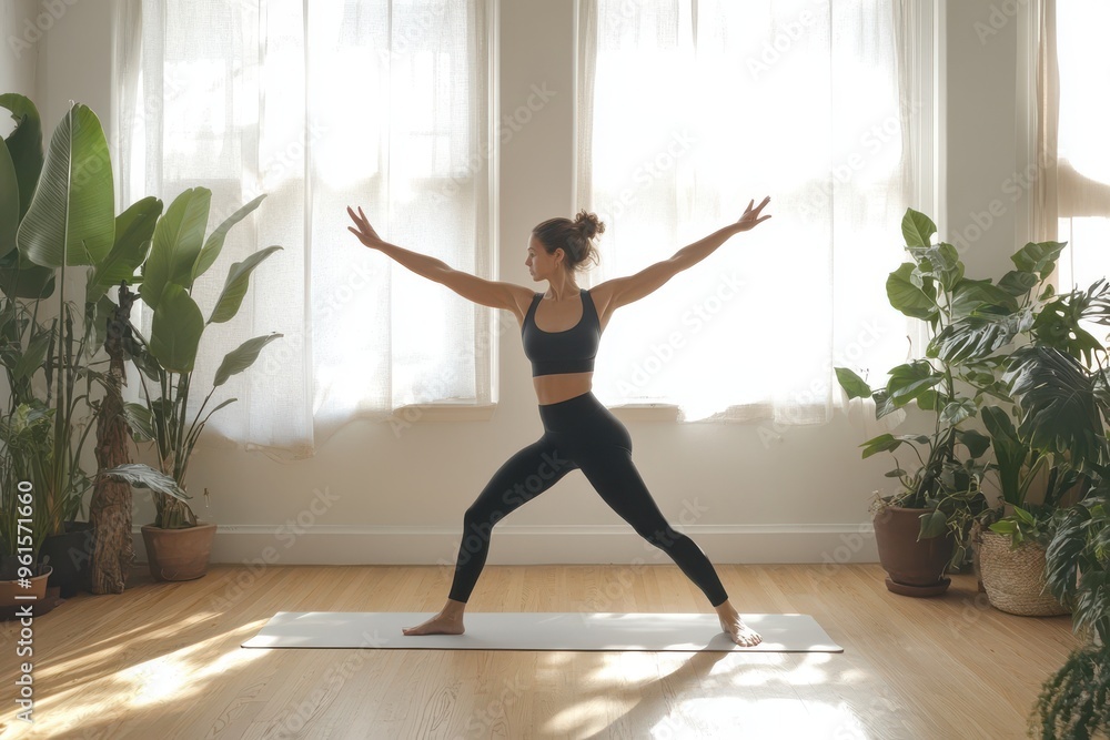A focused yoga session where a woman performs a warrior pose in a bright A focused yoga session where a woman performs a warrior pose in a bright