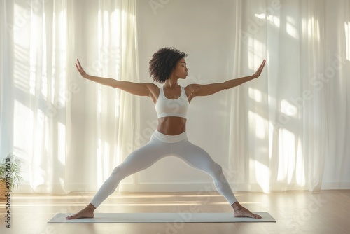 A focused yoga session where a woman performs a warrior pose in a bright