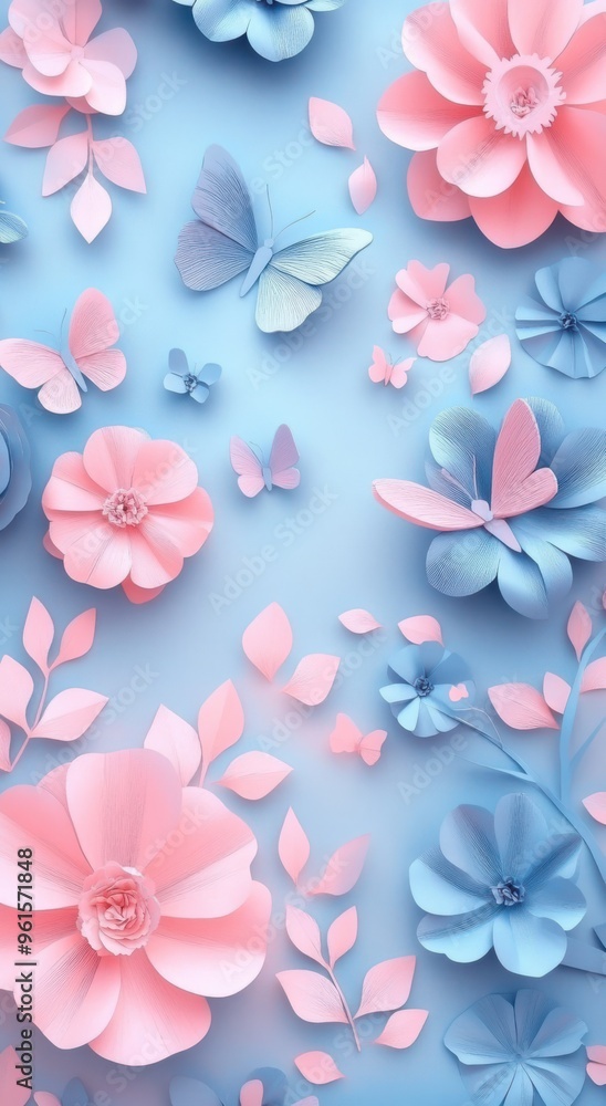 3D embossed paper spring flowers in pastel colors with delicate butterflies on a soft blue background