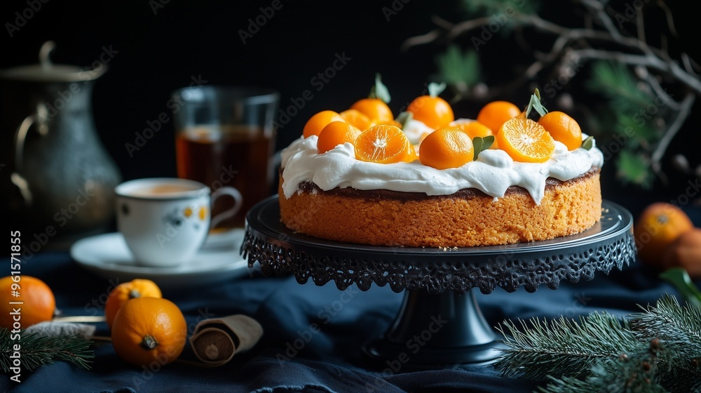 Obraz premium Homemade Citrus Cake with Whipped Cream and Fresh Mandarins