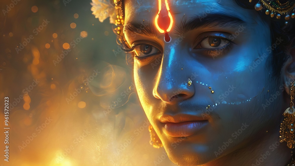Close-up Portrait of Divine Krishna with Glowing Skin, Detailed and Radiant Features New Beautiful Stock Image Illustration AI Close-up Portrait of Divine Krishna with Glowing Skin, Detailed and Radiant Features New Beautiful Stock Image Illustration AI