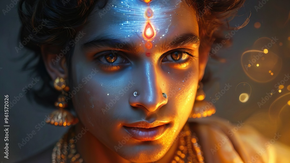 Close-up Portrait of Divine Krishna with Glowing Skin, Detailed and Radiant Features New Beautiful Stock Image Illustration AI Close-up Portrait of Divine Krishna with Glowing Skin, Detailed and Radiant Features New Beautiful Stock Image Illustration AI