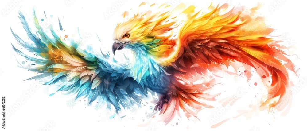 A colorful bird flies through the air with its wings spread out behind it A colorful bird flies through the air with its wings spread out behind it
