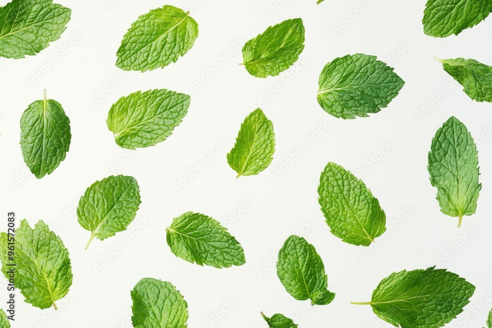 A fresh and vibrant image of multiple mint leaves in various sizes and orientations A fresh and vibrant image of multiple mint leaves in various sizes and orientations