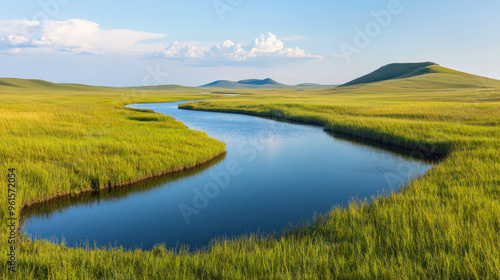 A winding river flows through green grasslands in a wide, open savannah under a clear blue sky with distant rolling hills, creating a calm and picturesque landscape.