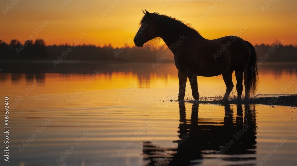 Silhouette of a horse on lake shore at sunset Silhouette of a horse on lake shore at sunset
