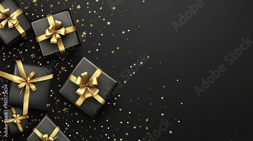 A collection of elegant black gift boxes with golden ribbons and scattered stars.