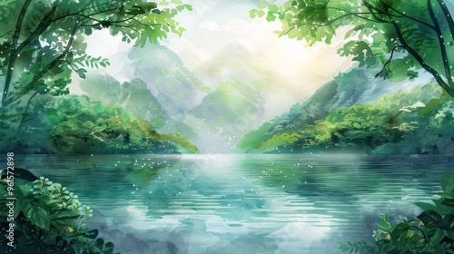 Tranquil Watercolor Landscape of a Lake and Mountains.