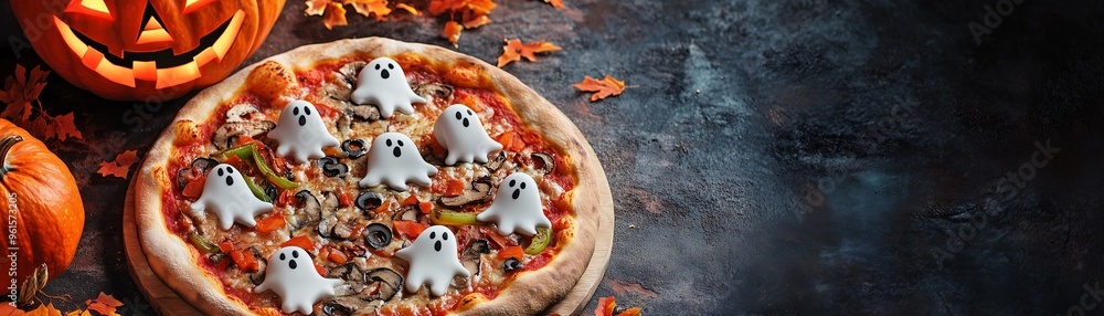 Pizza of the dead, ghost decorations, Halloween festival jack-o'-lanterns, autumn leaves, dark surface Pizza of the dead, ghost decorations, Halloween festival jack-o'-lanterns, autumn leaves, dark surface