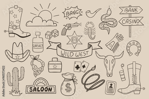 Wild West illustration set with cactus, cowboy hat, cow skull, game cards, scorpio and etc.
