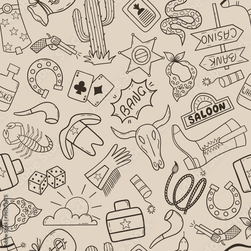 Wild West seamless pattern with cactus, cowboy hat, cow skull, game cards, scorpio and etc.