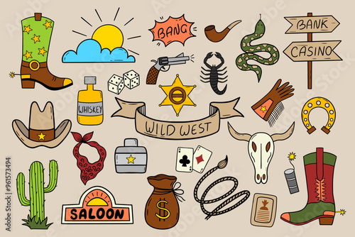 Wild West illustration set with cactus, cowboy hat, cow skull, game cards, scorpio and etc.