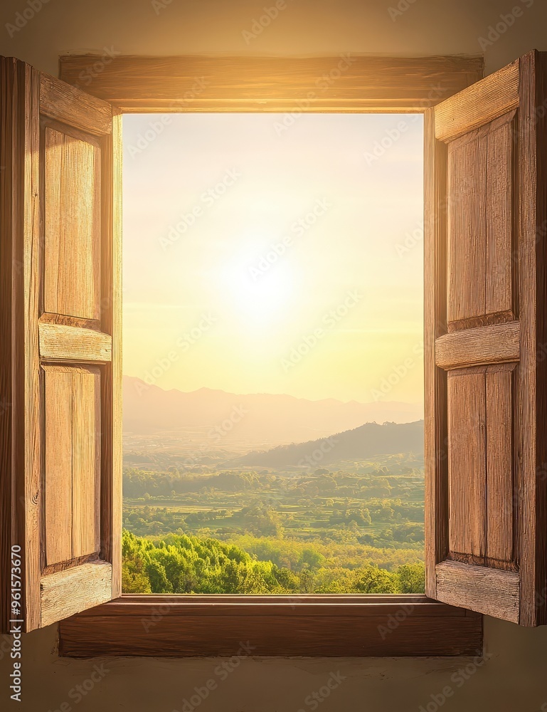 Fototapeta premium A serene view through an open wooden window, showcasing a beautiful landscape illuminated by the golden sunlight.