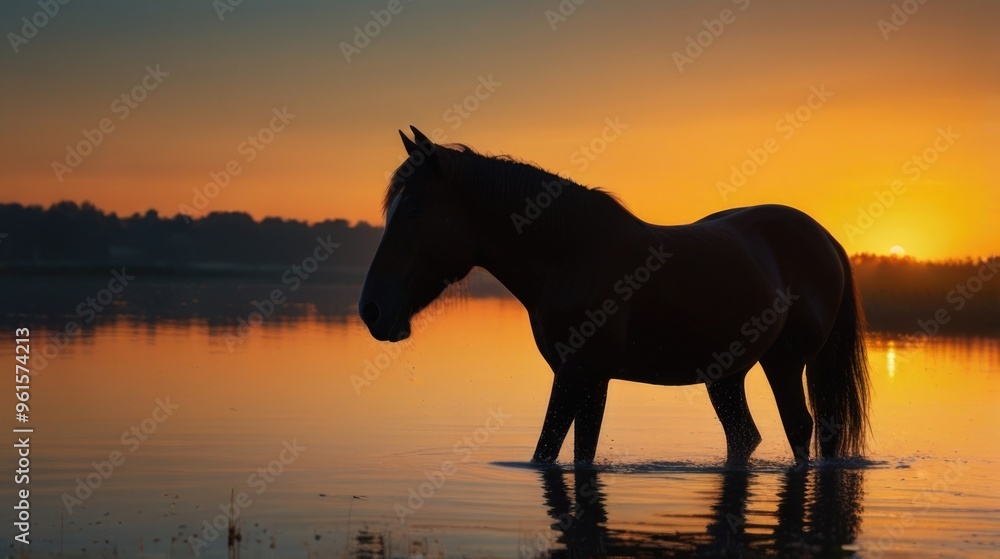 Silhouette of a horse on lake shore at sunset Silhouette of a horse on lake shore at sunset