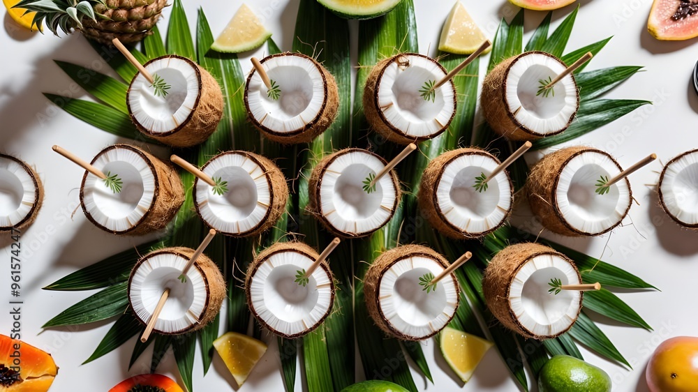 A bunch of green coconuts with a white background. A bunch of green coconuts with a white background.