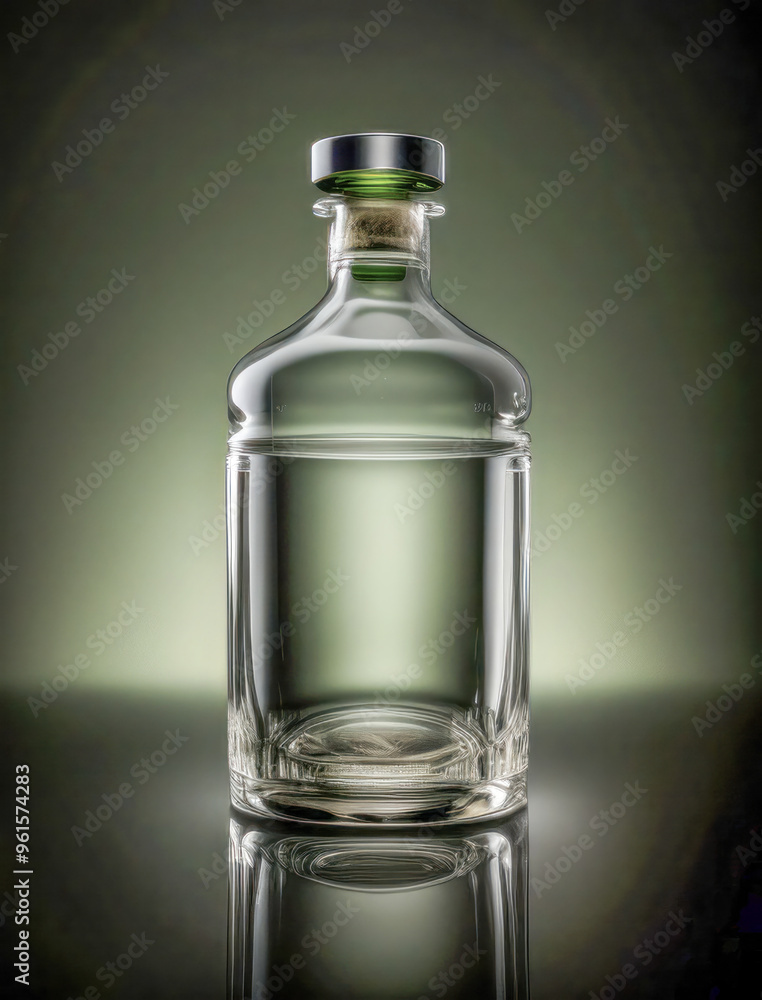 Clear glass bottle with cork stopper on reflective surface. Clear glass bottle with cork stopper on reflective surface.