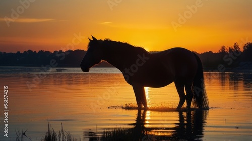 Silhouette of a horse on lake shore at sunset