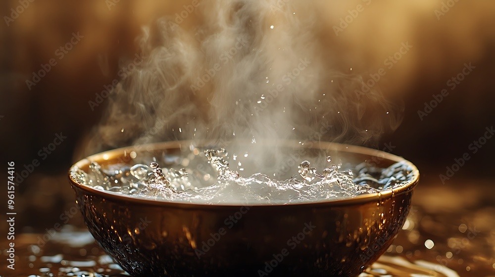 Steam rises from boiling water in a bowl, creating a warm and comforting scene. Steam rises from boiling water in a bowl, creating a warm and comforting scene.
