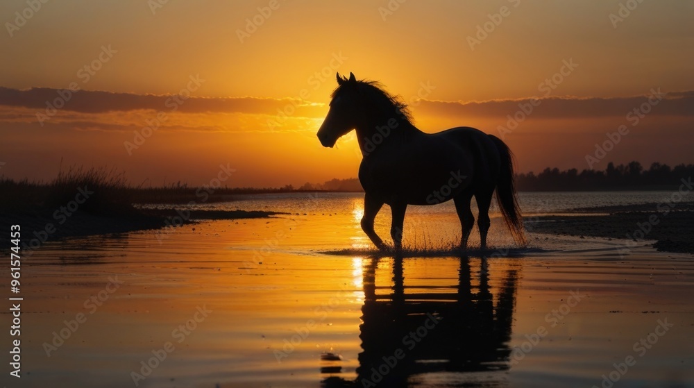 Silhouette of a horse on lake shore at sunset Silhouette of a horse on lake shore at sunset