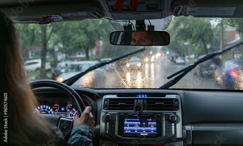 Canvas-taulu Woman driving while it's raining on a city street