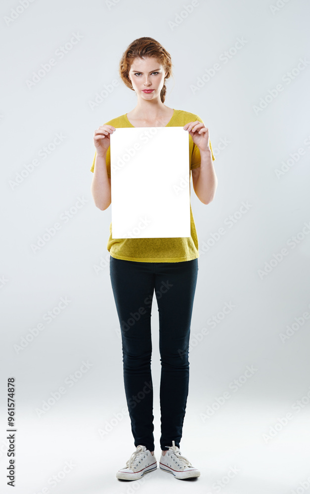 Studio, woman and portrait with poster for marketing, advertising and announcement for product placement. Mockup space, sales person and blank billboard by white background, promotion and branding Studio, woman and portrait with poster for marketing, advertising and announcement for product placement. Mockup space, sales person and blank billboard by white background, promotion and branding