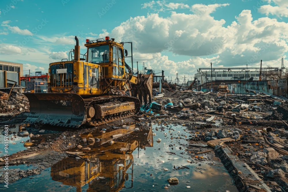 Bulldozer Clearing Debris in Industrial Construction Site with Dramatic Clouds Bulldozer Clearing Debris in Industrial Construction Site with Dramatic Clouds