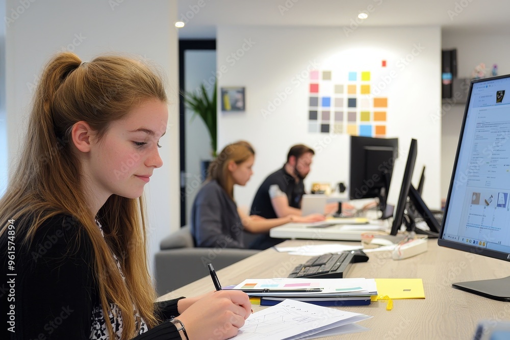 In the office, young employees are working on creative projects at the large table with computers. Concept of an architectural business. In the office, young employees are working on creative projects at the large table with computers. Concept of an architectural business.