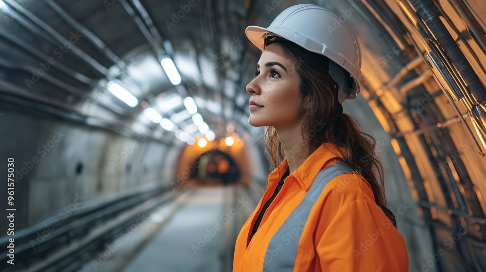 female construction engineer in a hard hat surveys an active metro tunnel female construction engineer in a hard hat surveys an active metro tunnel