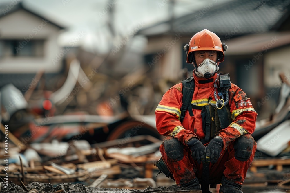 Emergency Responder in Protective Gear Amid Debris from a Natural Disaster Emergency Responder in Protective Gear Amid Debris from a Natural Disaster