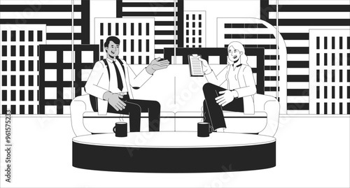Interview show on TV black and white line illustration. Interviewer asking questions interviewee 2D characters monochrome background. Cable television production. Broadcasting outline vector image