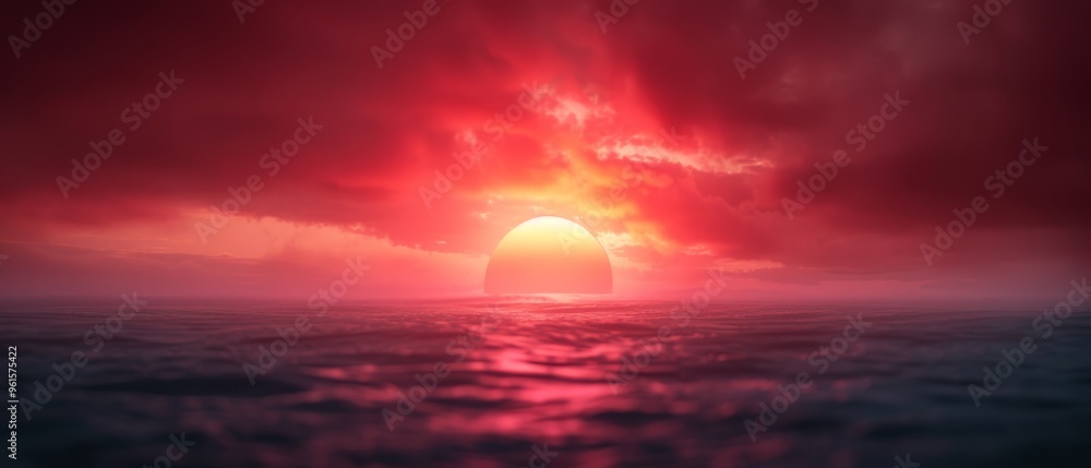 A large body of water beneath a cloudy sky with the sun at its center, positioned above the ocean A large body of water beneath a cloudy sky with the sun at its center, positioned above the ocean