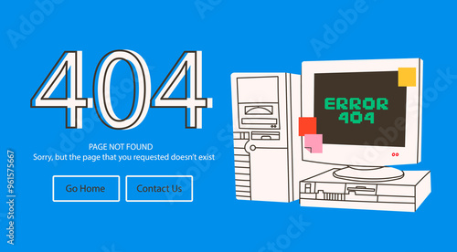 Retro personal computer. Page doesn't exist text. Error 404, page not found, system error concept. Website, browser failure, popping window, problem template. Hand drawn Vector illustration