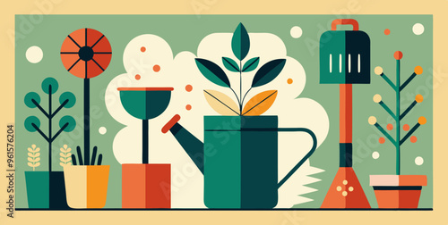 In the midst of potted plants stands a watering can amidst flowers