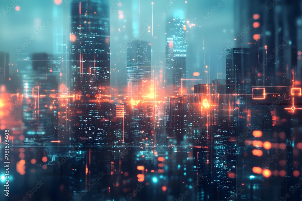 Fototapeta premium A cityscape with a bright orange light in the middle