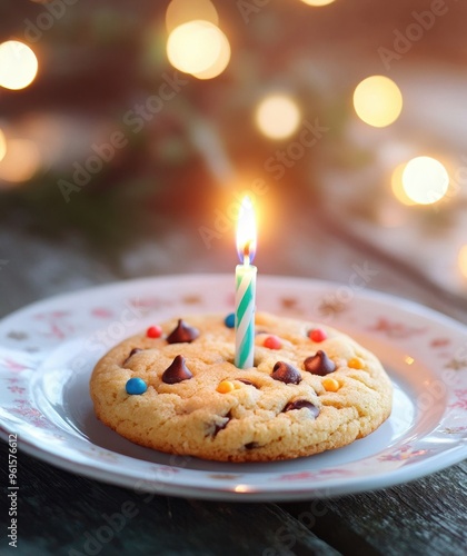 A single chocolate chip cookie with a lit candle on top, creating a warm, inviting atmosphere. photo