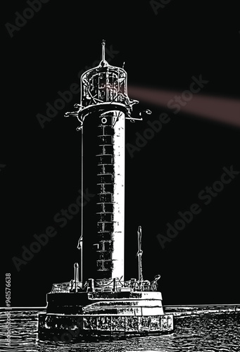 The lighthouse beam illuminates the way to the port at night.
Vorontsov lighthouse in Odessa on the Black Sea at night. photo