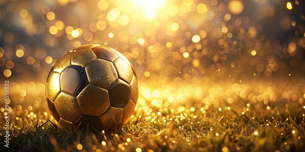 Golden soccer ball shines with bokeh and dewdrops in the warm light of sunset Golden soccer ball shines with bokeh and dewdrops in the warm light of sunset