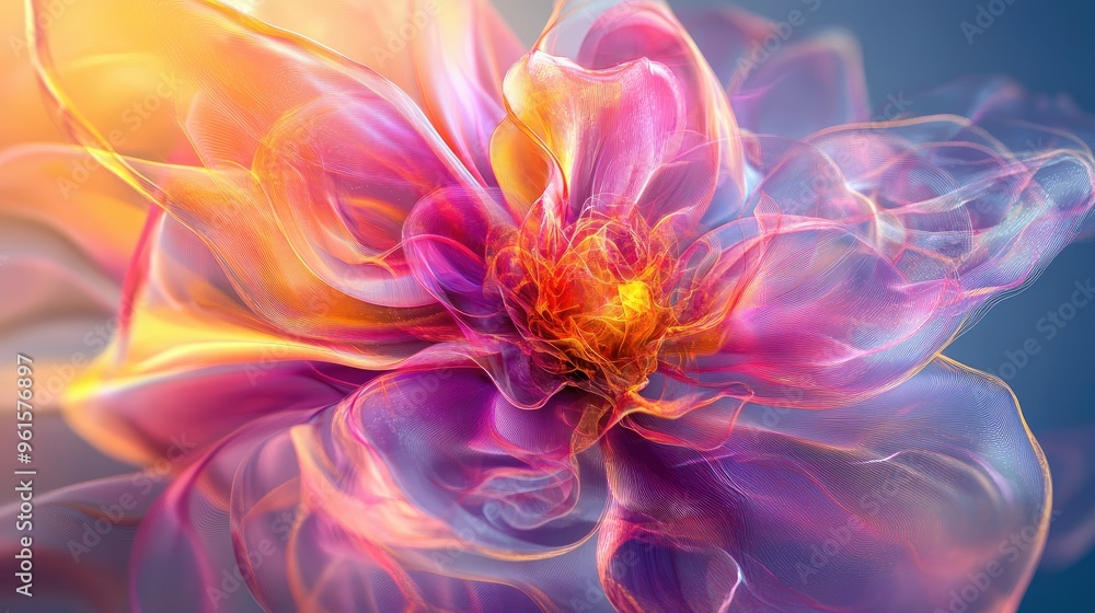 Obraz premium 3D abstract alien flower with fluid, organic lines and translucent plastic in shades of pink, purple, and yellow.
