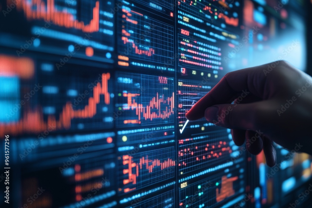 Hand Pointing at a Stock Market Graph on a Screen Hand Pointing at a Stock Market Graph on a Screen