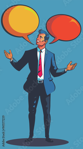 Tired Businessman Holds Giant Speech Bubbles, Facing Difficult Negotiations and Communication Stress